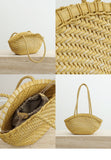 Handwoven Vegetable-Tanned Leather Basket Bag for Women|Full Grain Cowhide Woven Tote with Braided Handle & Drawstring Liner | Spring Summer Shoulder Bag