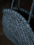 Handwoven Vegetable-Tanned Leather Basket Bag for Women|Full Grain Cowhide Woven Tote with Braided Handle & Drawstring Liner | Spring Summer Shoulder Bag