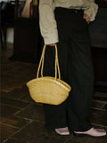 Handwoven Vegetable-Tanned Leather Basket Bag for Women|Full Grain Cowhide Woven Tote with Braided Handle & Drawstring Liner | Spring Summer Shoulder Bag