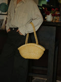 Handwoven Vegetable-Tanned Leather Basket Bag for Women|Full Grain Cowhide Woven Tote with Braided Handle & Drawstring Liner | Spring Summer Shoulder Bag