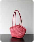 Handwoven Vegetable-Tanned Leather Basket Bag for Women|Full Grain Cowhide Woven Tote with Braided Handle & Drawstring Liner | Spring Summer Shoulder Bag