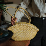 Handwoven Vegetable-Tanned Leather Basket Bag for Women|Full Grain Cowhide Woven Tote with Braided Handle & Drawstring Liner | Spring Summer Shoulder Bag