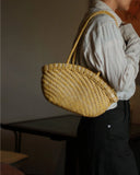 Handwoven Vegetable-Tanned Leather Basket Bag for Women|Full Grain Cowhide Woven Tote with Braided Handle & Drawstring Liner | Spring Summer Shoulder Bag