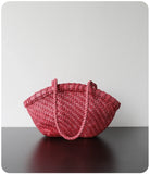 Handwoven Vegetable-Tanned Leather Basket Bag for Women|Full Grain Cowhide Woven Tote with Braided Handle & Drawstring Liner | Spring Summer Shoulder Bag