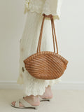 Handwoven Vegetable-Tanned Leather Basket Bag for Women|Full Grain Cowhide Woven Tote with Braided Handle & Drawstring Liner | Spring Summer Shoulder Bag