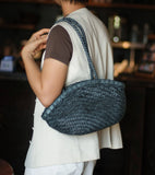 Handwoven Vegetable-Tanned Leather Basket Bag for Women|Full Grain Cowhide Woven Tote with Braided Handle & Drawstring Liner | Spring Summer Shoulder Bag