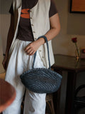 Handwoven Vegetable-Tanned Leather Basket Bag for Women|Full Grain Cowhide Woven Tote with Braided Handle & Drawstring Liner | Spring Summer Shoulder Bag
