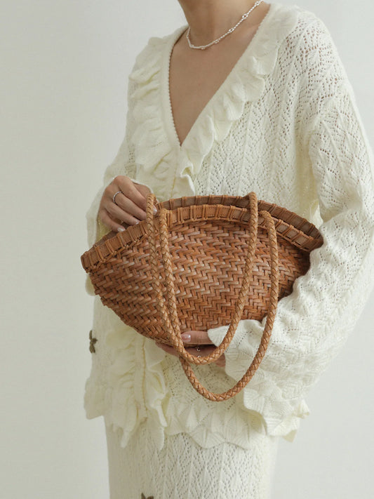 Handwoven Vegetable-Tanned Leather Basket Bag for Women|Full Grain Cowhide Woven Tote with Braided Handle & Drawstring Liner | Spring Summer Shoulder Bag