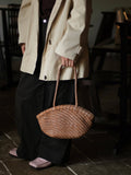 Handwoven Vegetable-Tanned Leather Basket Bag for Women|Full Grain Cowhide Woven Tote with Braided Handle & Drawstring Liner | Spring Summer Shoulder Bag