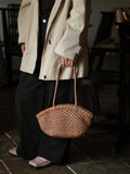 Handwoven Vegetable-Tanned Leather Basket Bag for Women|Full Grain Cowhide Woven Tote with Braided Handle & Drawstring Liner | Spring Summer Shoulder Bag