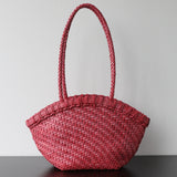 Handwoven Vegetable-Tanned Leather Basket Bag for Women|Full Grain Cowhide Woven Tote with Braided Handle & Drawstring Liner | Spring Summer Shoulder Bag