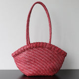 Handwoven Vegetable-Tanned Leather Basket Bag for Women|Full Grain Cowhide Woven Tote with Braided Handle & Drawstring Liner | Spring Summer Shoulder Bag