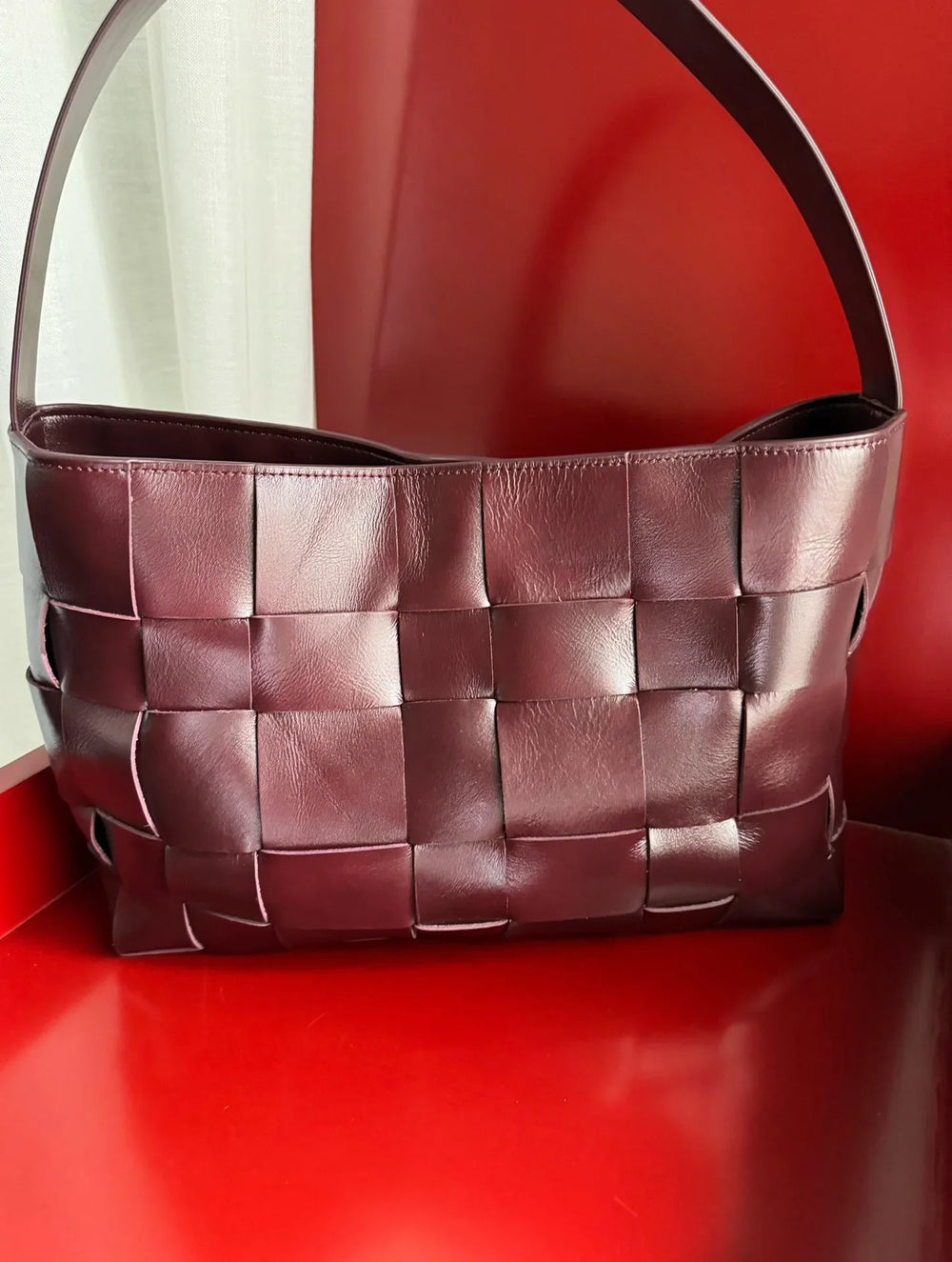 Handwoven Leather Women's Woven Tote Bag, Large Cowhide Leather Woven Women Leather Laptop Bags Wine