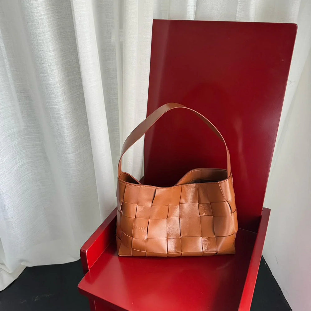 Handwoven Leather Women's Woven Tote Bag, Large Cowhide Leather Woven Women Leather Laptop Bags Brown