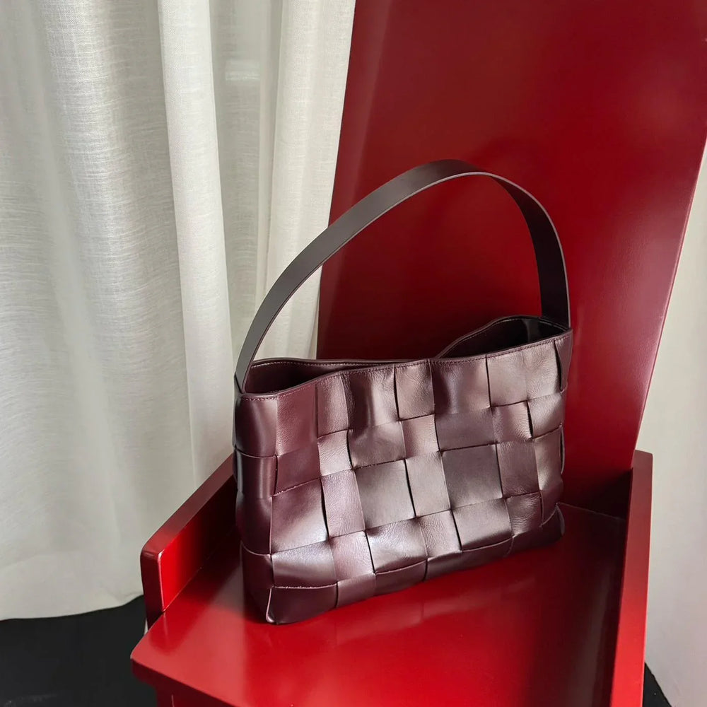 Handwoven Leather Women's Woven Tote Bag, Large Cowhide Leather Woven Women Leather Laptop Bags Wine