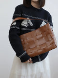 Handwoven Leather Women's Woven Tote Bag, Large Cowhide Leather Woven Women Leather Laptop Bags Brown