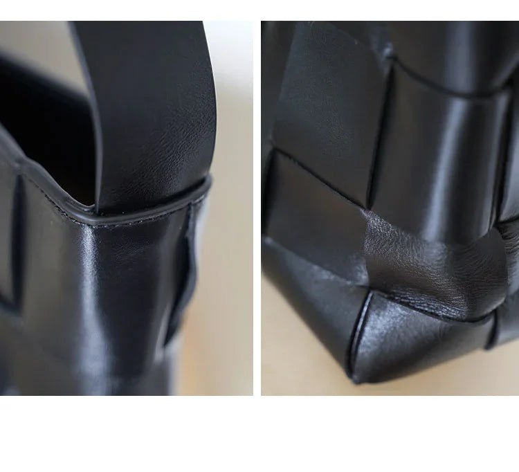 Handwoven Leather Women's Woven Tote Bag, Large Cowhide Leather Woven Women Leather Laptop Bags Black