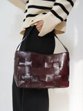 Handwoven Leather Women's Woven Tote Bag, Large Cowhide Leather Woven Women Leather Laptop Bags Wine