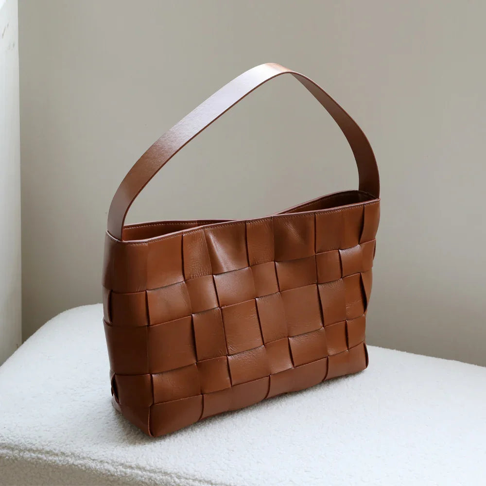 Handwoven Leather Women's Woven Tote Bag, Large Cowhide Leather Woven Women Leather Laptop Bags Brown