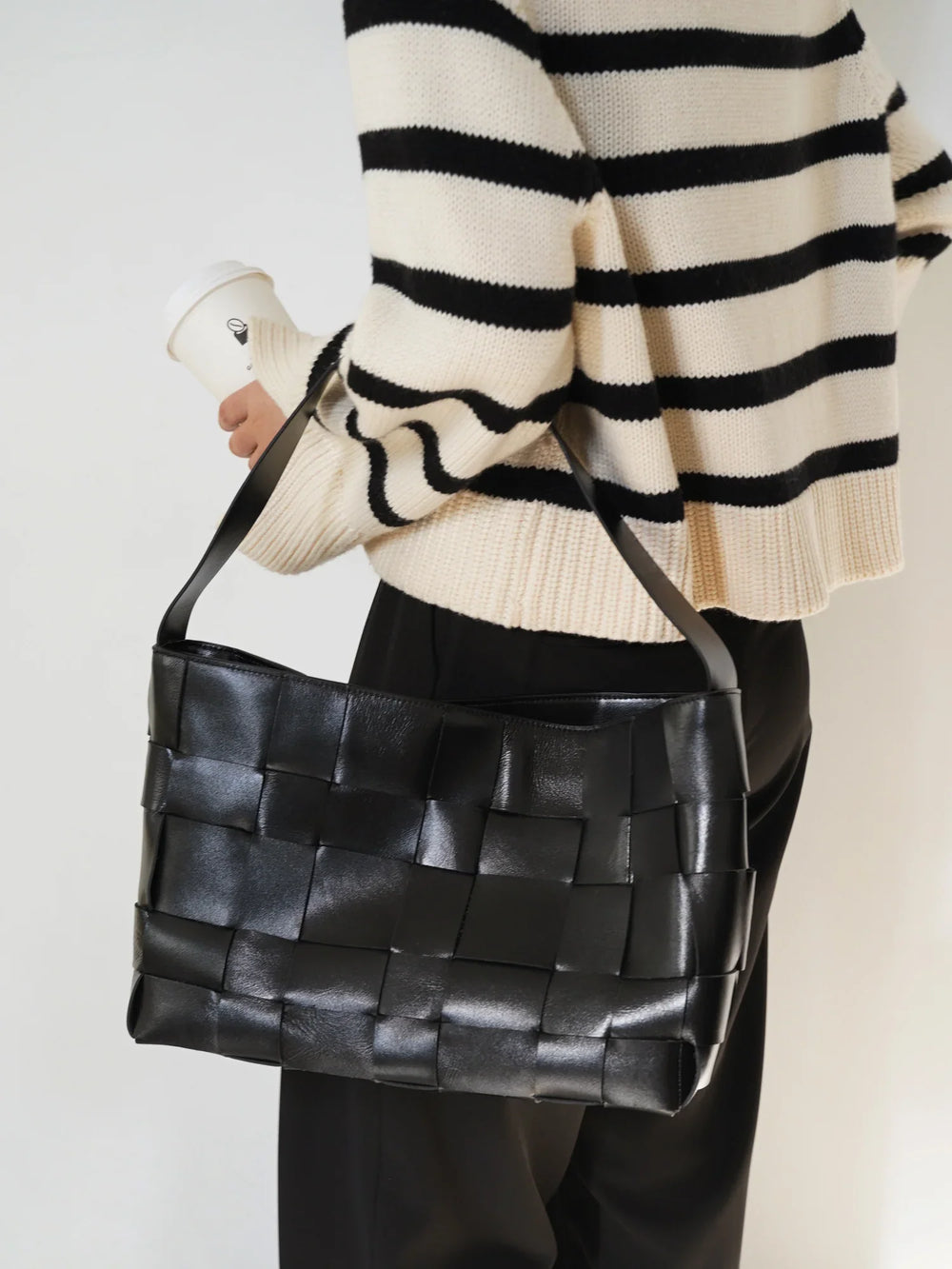 Handwoven Leather Women's Woven Tote Bag, Large Cowhide Leather Woven Women Leather Laptop Bags Black