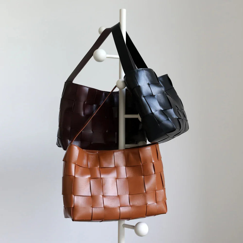 Handwoven Leather Women's Woven Tote Bag, Large Cowhide Leather Woven Women Leather Laptop Bags Black