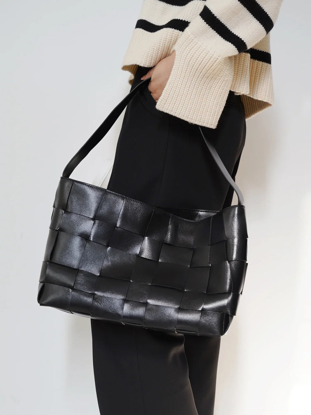 Handwoven Leather Women's Woven Tote Bag, Large Cowhide Leather Woven Women Leather Laptop Bags Black