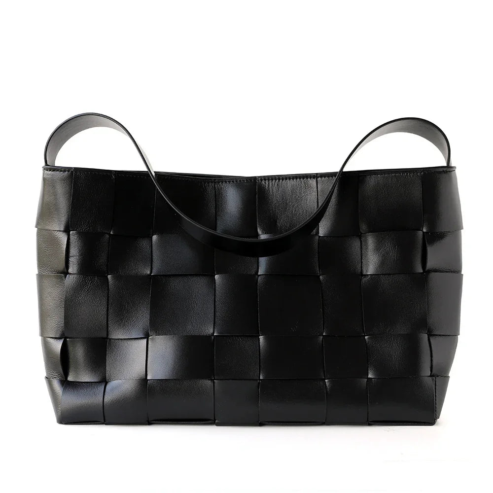 Handwoven Leather Women's Woven Tote Bag, Large Cowhide Leather Woven Women Leather Laptop Bags Black
