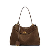High-End Genuine Leather and Suede Leather Handbag with Lock Clasp, Women's Versatile Shoulder & Crossbody Bag for Commuting