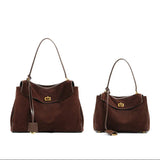 High-End Genuine Leather and Suede Leather Handbag with Lock Clasp, Women's Versatile Shoulder & Crossbody Bag for Commuting