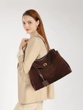 High-End Genuine Leather and Suede Leather Handbag with Lock Clasp, Women's Versatile Shoulder & Crossbody Bag for Commuting