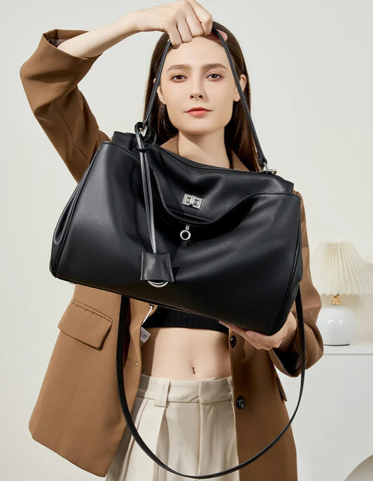 High-End Genuine Leather and Suede Leather Handbag with Lock Clasp, Women's Versatile Shoulder & Crossbody Bag for Commuting