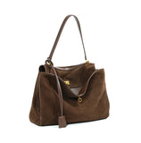High-End Genuine Leather and Suede Leather Handbag with Lock Clasp, Women's Versatile Shoulder & Crossbody Bag for Commuting
