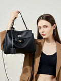 High-End Genuine Leather and Suede Leather Handbag with Lock Clasp, Women's Versatile Shoulder & Crossbody Bag for Commuting