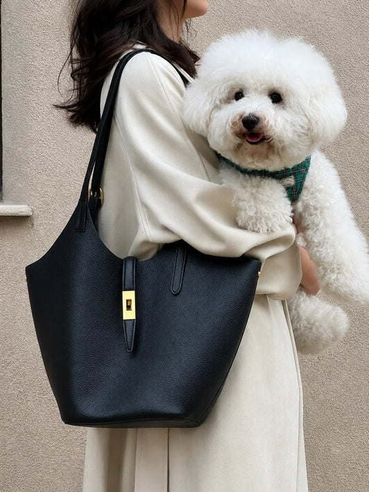 Minimalist Pebbled Leather Tote Bag with Pouch | Large Shoulder Laptop Bucket Bag (2 In 1)