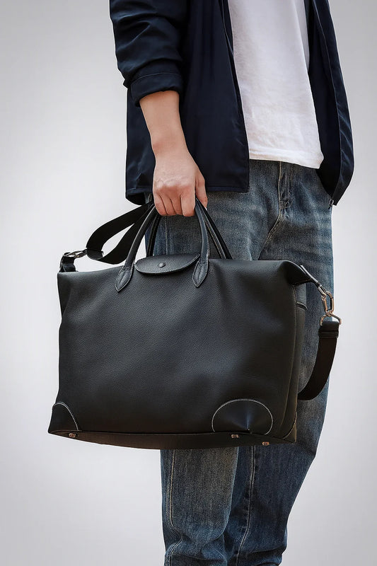 Handmade TC Cowhide Leather Duffle Bag – Men's Travel Weekender | Two Sizes, Pebbled Leather, Adjustable Shoulder Strap