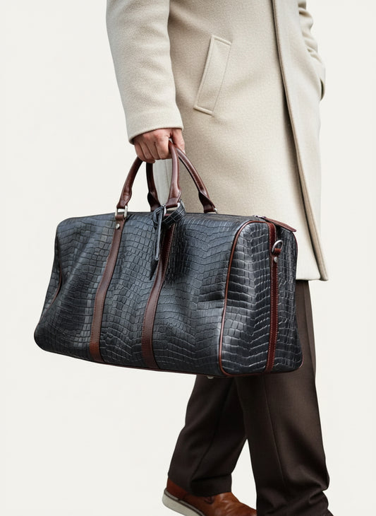 Luxury Men’s Italian Full Grain Leather Duffle Bag, Handmade Premium Crocodile Pattern Weekender Bag for Travel & Business