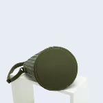 Olive green woven leather bucket bag with crossbody strap on white display stand