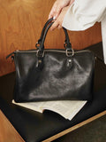 Large Cowhide Leather Boston Bag, Vintage Matte Leather Crossbody & Commuter Satchel with Sheep Charm