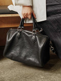 Large Cowhide Leather Boston Bag, Vintage Matte Leather Crossbody & Commuter Satchel with Sheep Charm