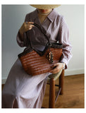 Handwoven Full Grain Cowhide Leather Basket Tote | V-Cut Rim Leather Shoulder Bag | Summer Beach Bag in Two Sizes