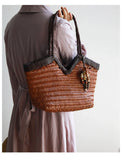Handwoven Full Grain Cowhide Leather Basket Tote | V-Cut Rim Leather Shoulder Bag | Summer Beach Bag in Two Sizes