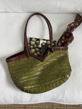 Handwoven Full Grain Cowhide Leather Basket Tote | V-Cut Rim Leather Shoulder Bag | Summer Beach Bag in Two Sizes