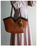 Handwoven Full Grain Cowhide Leather Basket Tote | V-Cut Rim Leather Shoulder Bag | Summer Beach Bag in Two Sizes