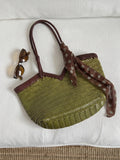 Handwoven Full Grain Cowhide Leather Basket Tote | V-Cut Rim Leather Shoulder Bag | Summer Beach Bag in Two Sizes