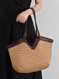 Handwoven Full Grain Cowhide Leather Basket Tote | V-Cut Rim Leather Shoulder Bag | Summer Beach Bag in Two Sizes