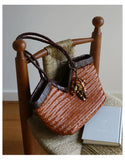 Handwoven Full Grain Cowhide Leather Basket Tote | V-Cut Rim Leather Shoulder Bag | Summer Beach Bag in Two Sizes