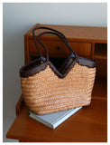 Handwoven Full Grain Cowhide Leather Basket Tote | V-Cut Rim Leather Shoulder Bag | Summer Beach Bag in Two Sizes