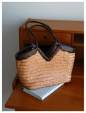 Handwoven Full Grain Cowhide Leather Basket Tote | V-Cut Rim Leather Shoulder Bag | Summer Beach Bag in Two Sizes