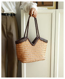 Handwoven Full Grain Cowhide Leather Basket Tote | V-Cut Rim Leather Shoulder Bag | Summer Beach Bag in Two Sizes