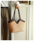 Handwoven Full Grain Cowhide Leather Basket Tote | V-Cut Rim Leather Shoulder Bag | Summer Beach Bag in Two Sizes